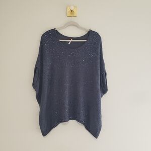Free People Stardust Sweater Women Small Navy Blue Sequins Dolman Sleeve Batwing